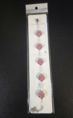 Stainless Steel Silver Tone Cable Chain Bracelet Pink Flower Dangle Charms